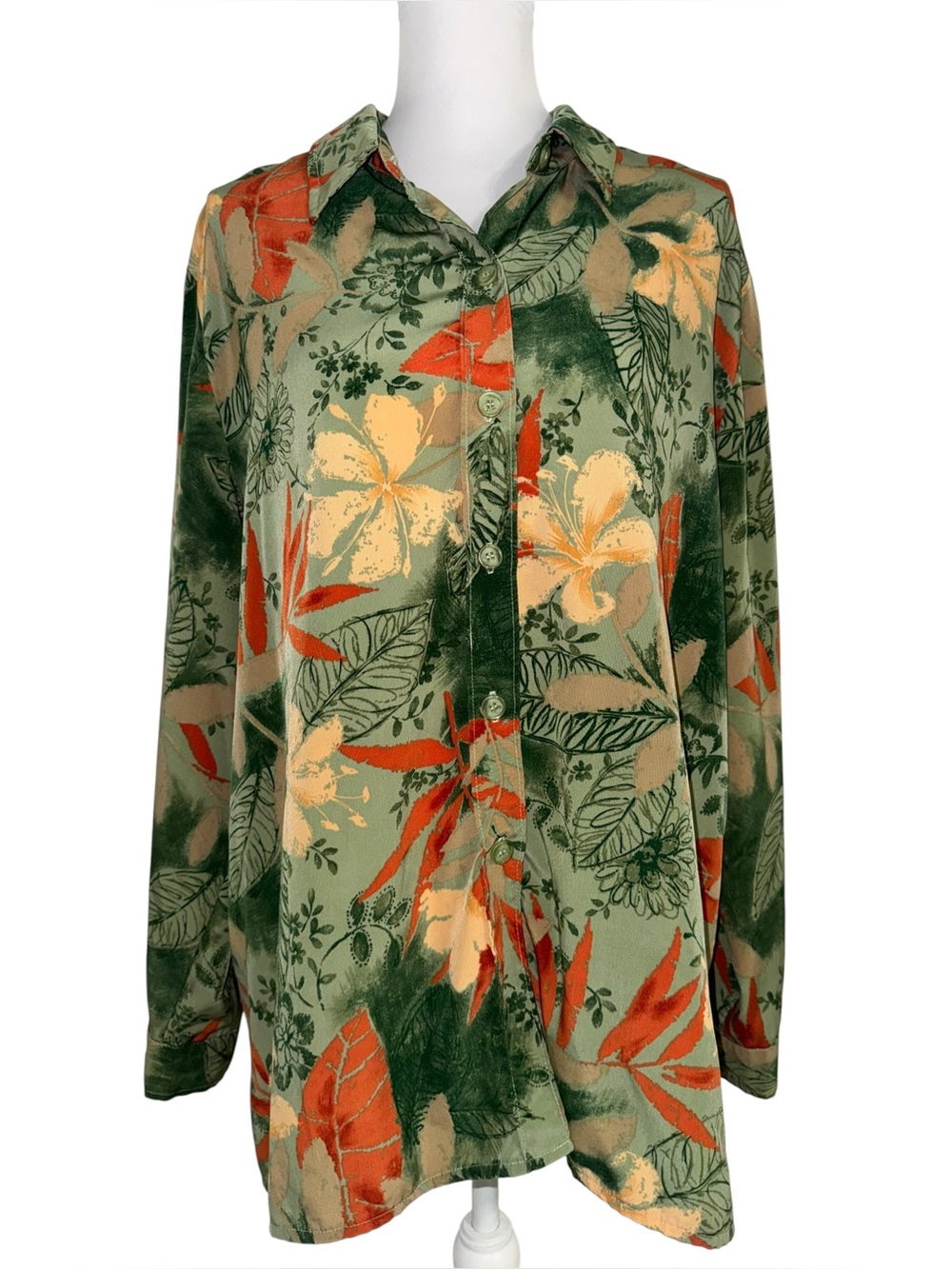 Nikki Womens Floral Button Front Blouse Green Orange Long Sleeve Tropical Shirt